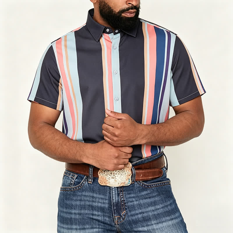 Men's Orange Black Vibrant Summer Striped Short Sleeve Shirt - image 1