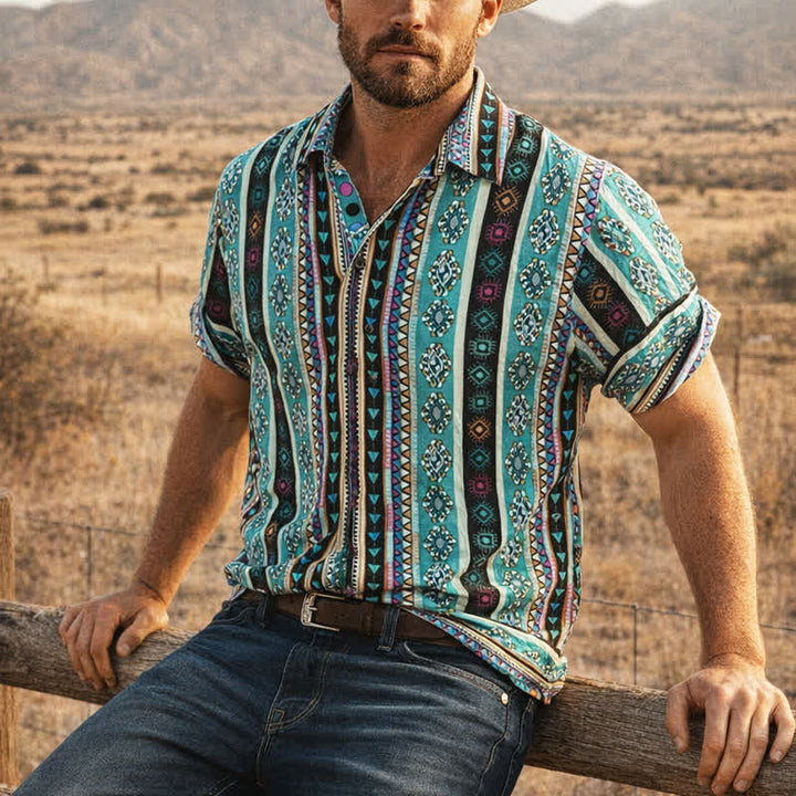 Men's Bohemian Turquoise Aztec Stripe Print Shirt - Turquoise - 4XL - image 0