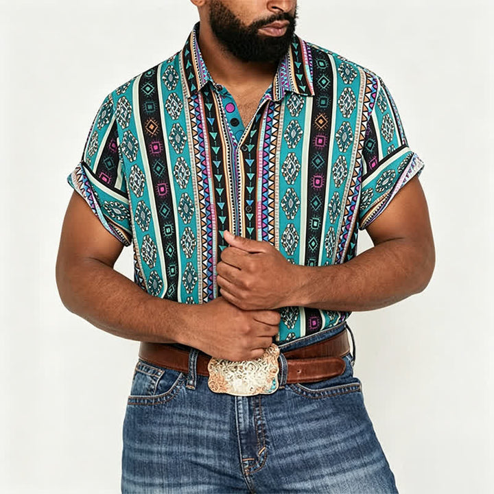 Men's Bohemian Turquoise Aztec Stripe Print Shirt - image 2
