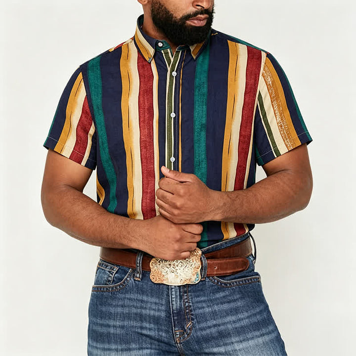 Men's Yellow & Navy Distressed Brushstroke Striped Shirt - image 1