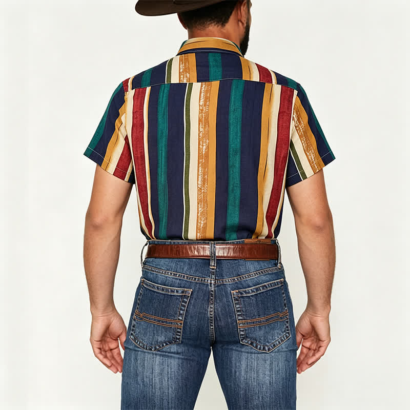 Men's Yellow & Navy Distressed Brushstroke Striped Shirt - image 3