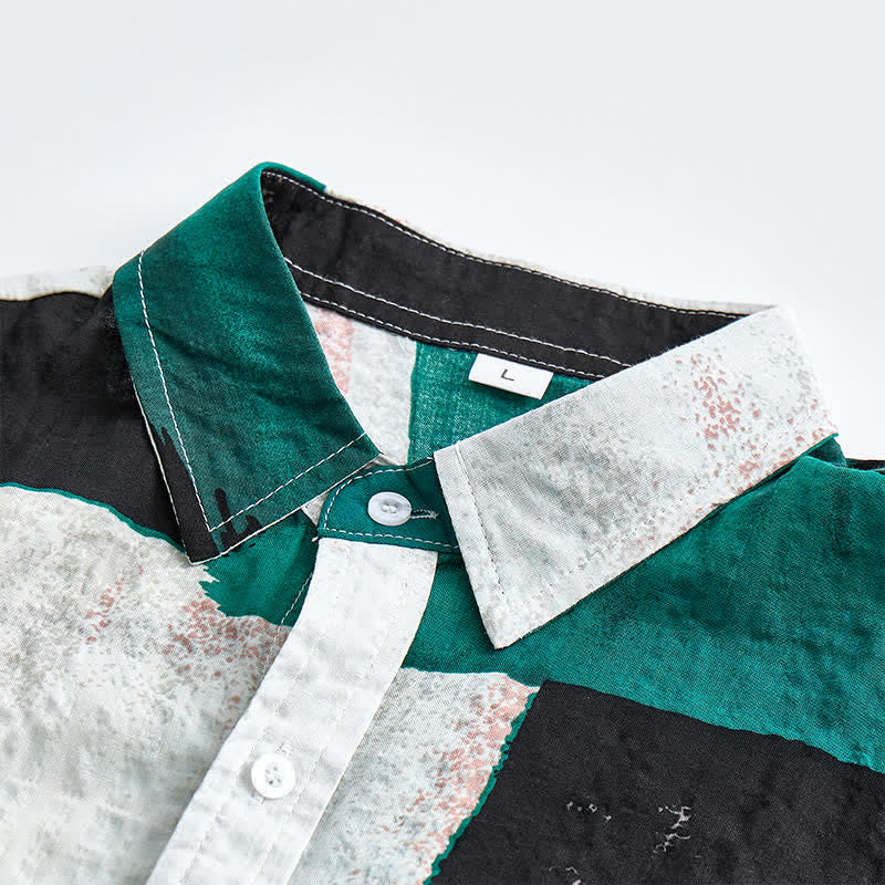 Men's Green & Black Abstract Brushstroke Color Block Shirt - image 4