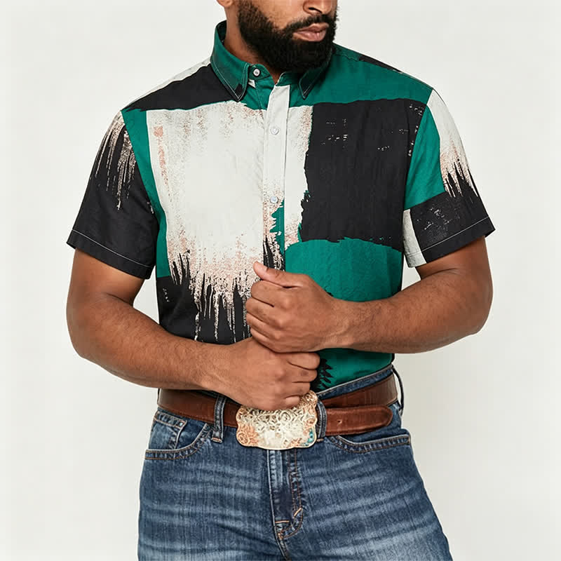 Men's Green & Black Abstract Brushstroke Color Block Shirt - image 1