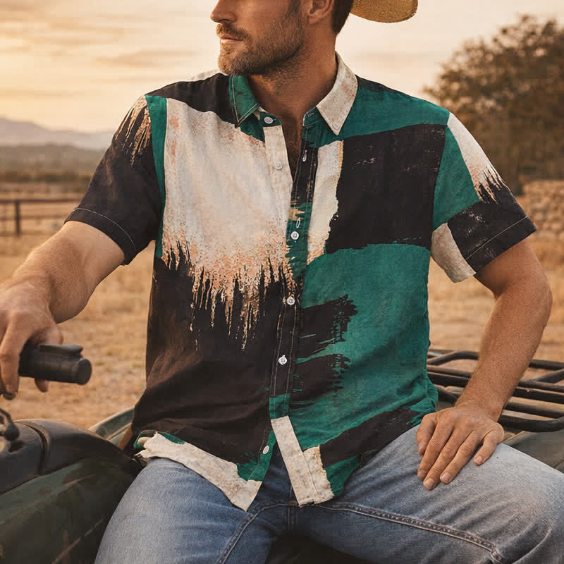 Men's Green & Black Abstract Brushstroke Color Block Shirt - Green & Black - 3XL - image 0