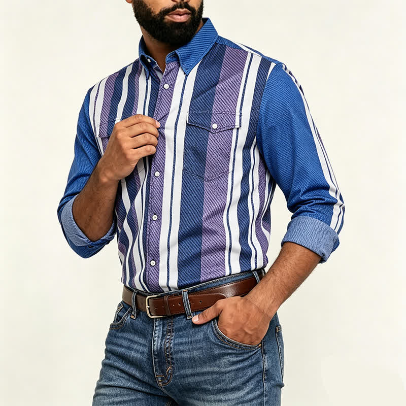 Men's Blue Striped Retro Cowboy Style Long Sleeve Shirt - image 2