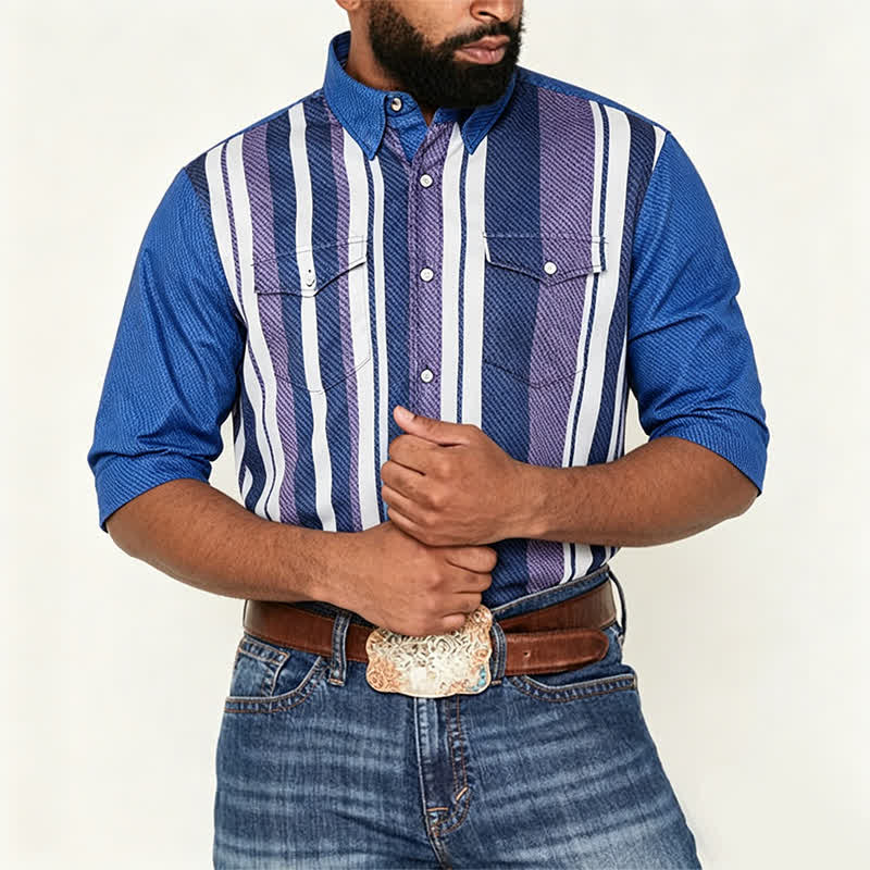 Men's Blue Striped Retro Cowboy Style Long Sleeve Shirt - image 1