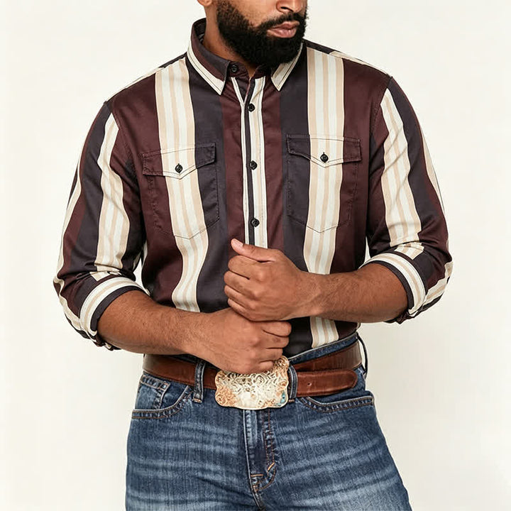 Men's Burgundy & Grey Western Vertical Stripe Long Sleeve Shirt - image 1