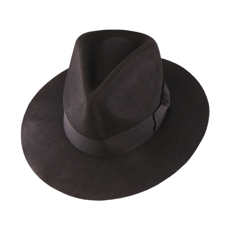 Vintage Style Western Wool Fedora with Bow Trim Hat - Black & Black Wide Band - Adjustable(22 7/8"-23 5/8") - image 3
