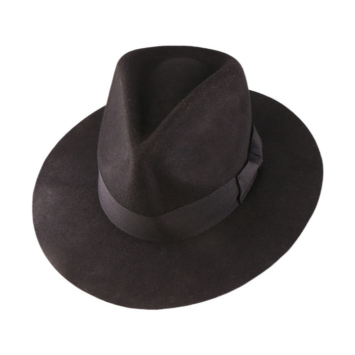 Vintage Style Western Wool Fedora with Bow Trim Hat - Black & Black Wide Band - Adjustable(22 7/8"-23 5/8") - image 3