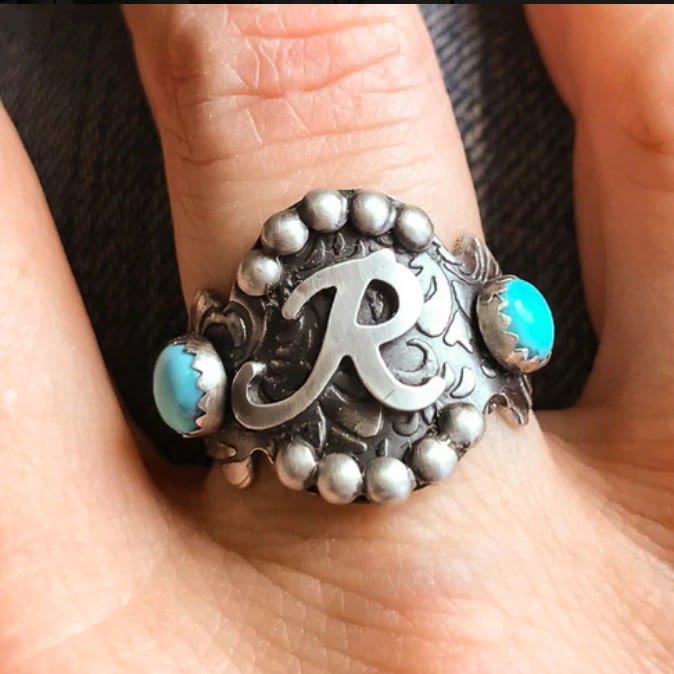 Vintage Initial Geometric Turquoise Inlay Western Style Ring - image 3