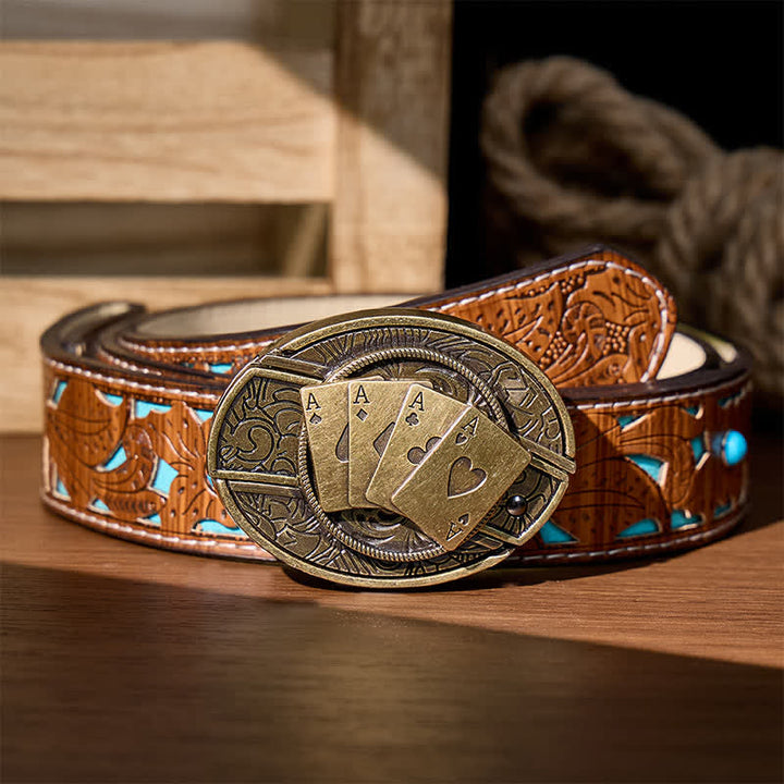 Four Aces Poker DIY Hidden Folding Knife Buckle Leather Belt - Bronze Poker - Turquoise Carved Belt - 42 - image 5