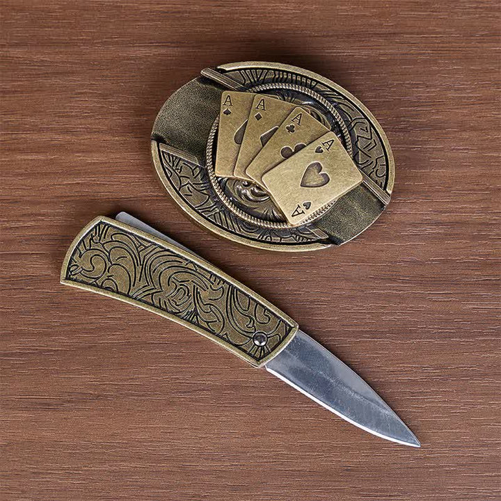Four Aces Poker DIY Hidden Folding Knife Buckle Leather Belt - image 1