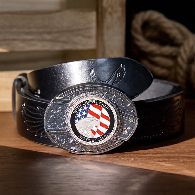 Liberty & Justice DIY Hidden Folding Knife Eagle Buckle Leather Belt - American Flag Eagle - Black Embossed Eagle Belt - 42 - image 4