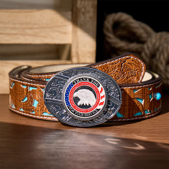 Honor & Courage DIY Hidden Folding Knife Eagle Buckle Leather Belt - Patriotic Eagle - Turquoise Carved Belt - 42 - image 5