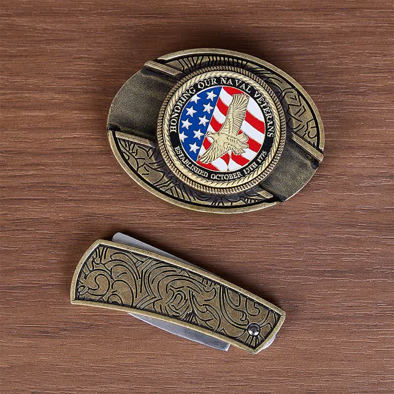 Honoring Naval Veterans DIY Hidden Folding Knife Eagle Buckle Leather Belt - image 2