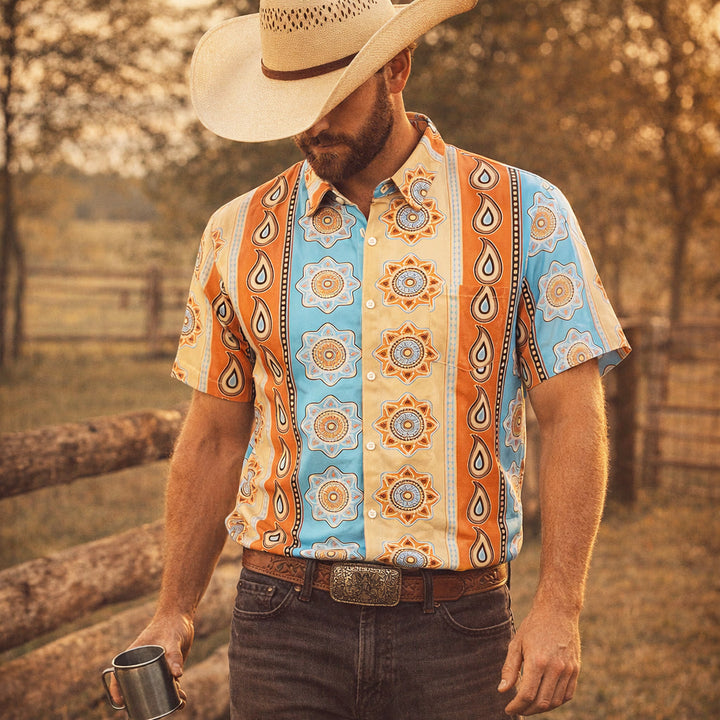 Men's Vintage Western Print Short Sleeve Button Up Shirt - Orange - 3XL - image 0