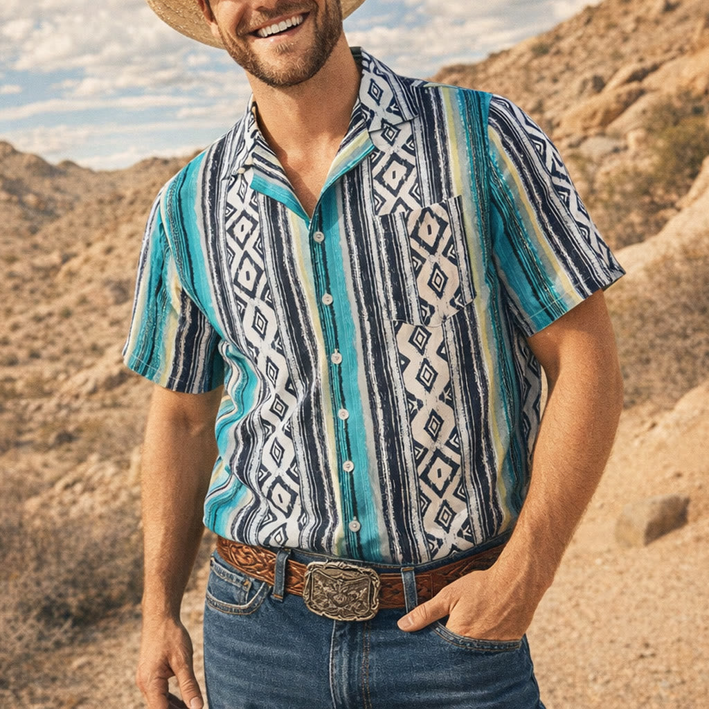 Men's Summer Casual Striped Pattern Short Sleeve Button Up Shirt - Blue - 3XL - image 0
