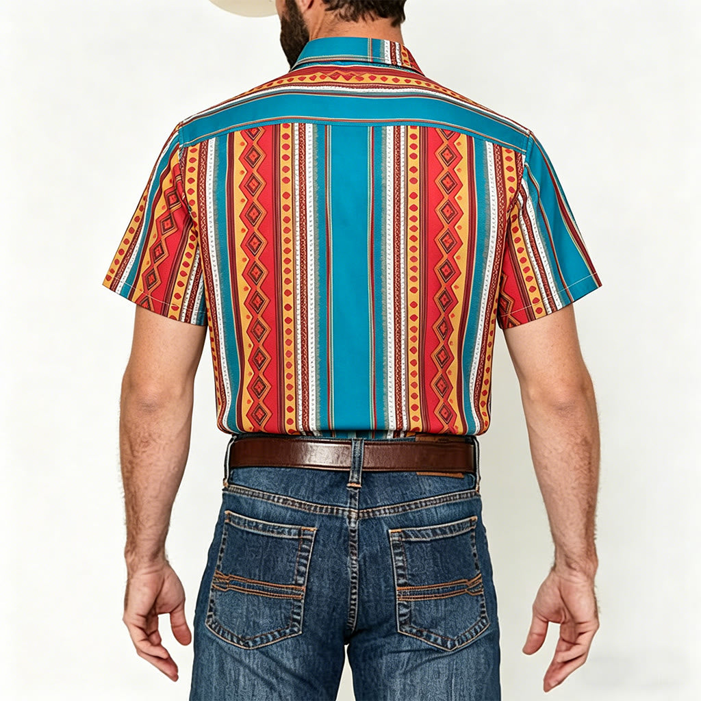 Men's Retro Western Geometric Stripe Short Sleeve Casual Shirt - image 2