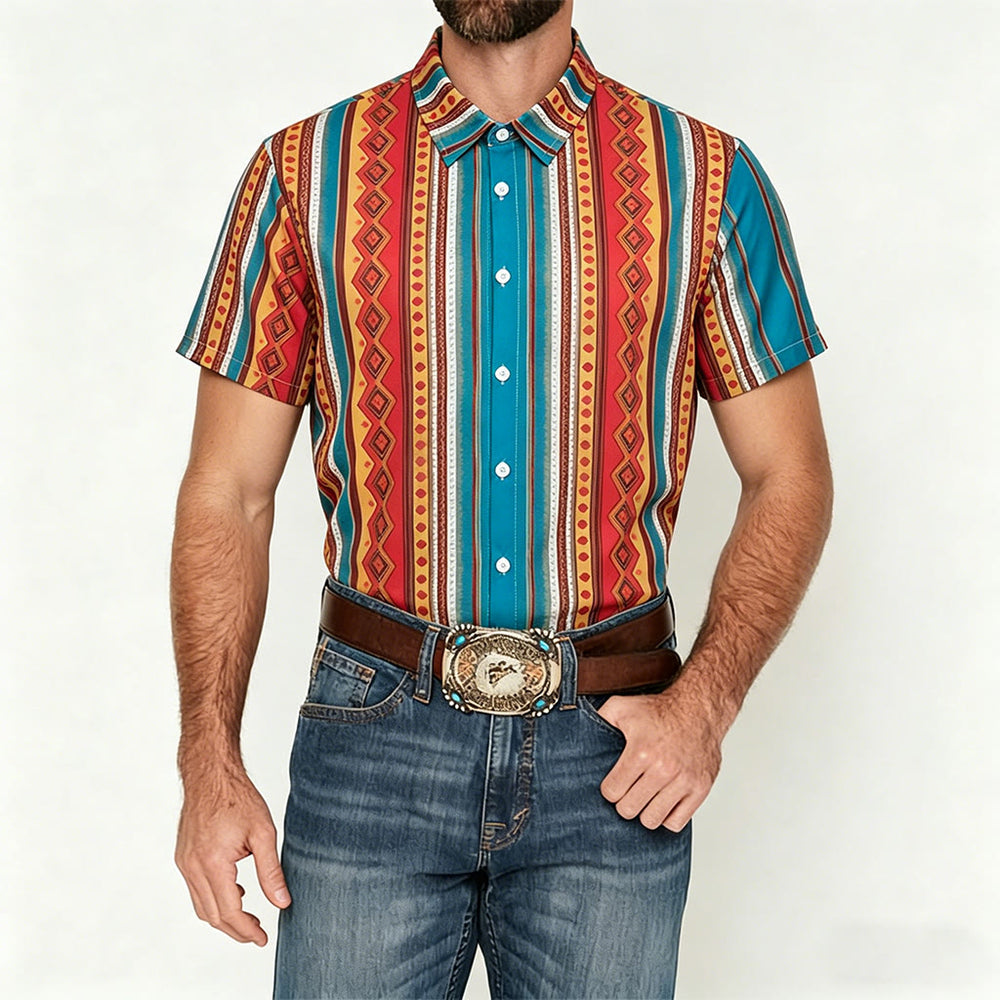 Men's Retro Western Geometric Stripe Short Sleeve Casual Shirt - image 1