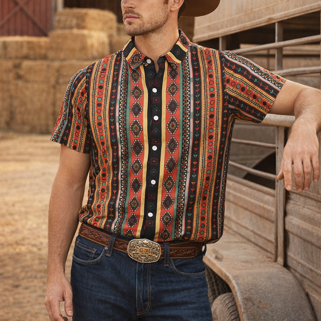 Men's Fashion Western Tribal Stripe Print Short Sleeve Casual Shirt - image 0