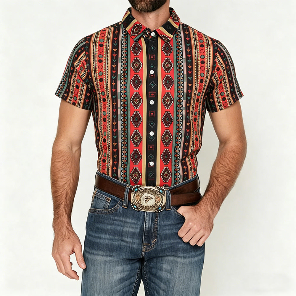 Men's Fashion Western Tribal Stripe Print Short Sleeve Casual Shirt - image 1