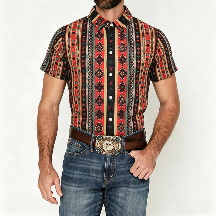Men's Fashion Western Tribal Stripe Print Short Sleeve Casual Shirt - image 1