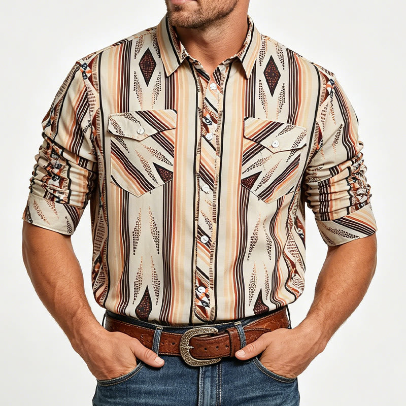 Men's Summer Western Geometric Stripe Long Sleeve Button Down Shirt - image 1