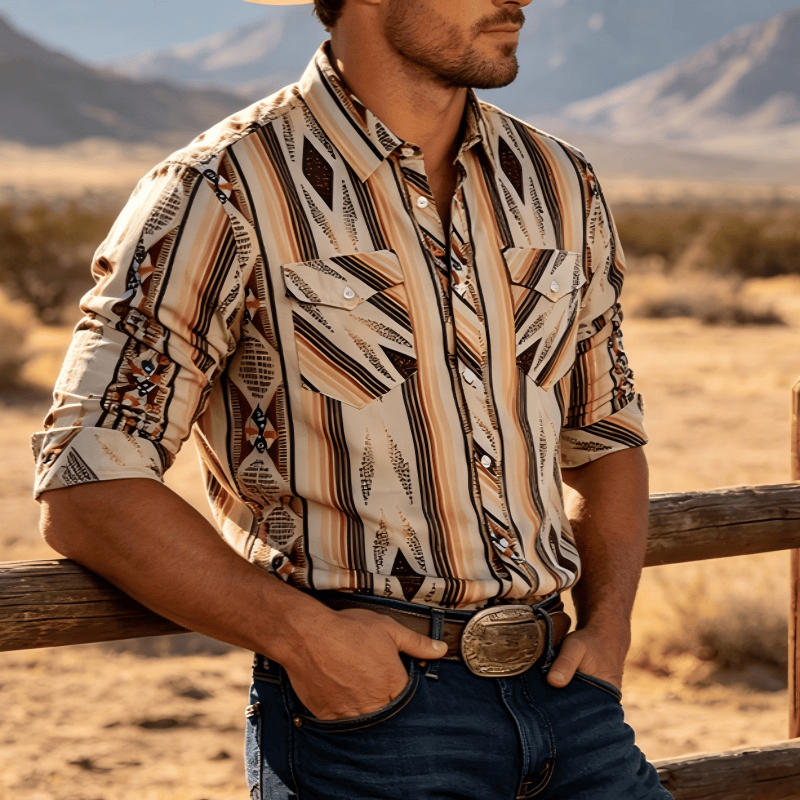 Men's Summer Western Geometric Stripe Long Sleeve Button Down Shirt - Beige - 3XL - image 0