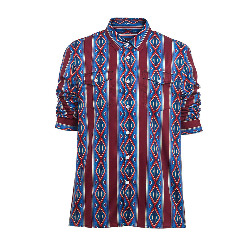 Men's Retro Cowboy Red Blue Stripe Long Sleeve Casual Shirt - image 8
