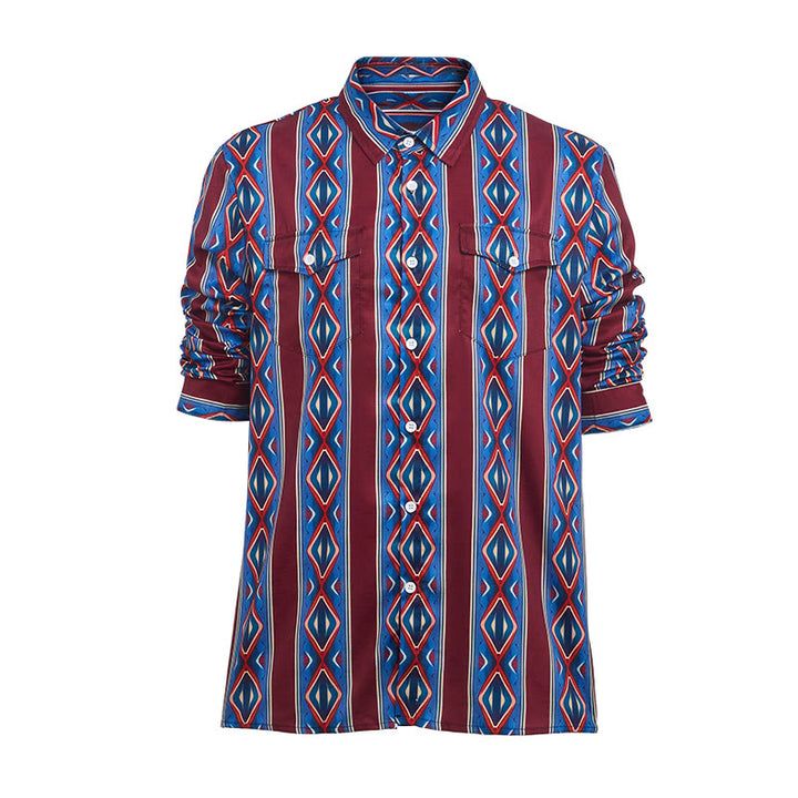 Men's Retro Cowboy Red Blue Stripe Long Sleeve Casual Shirt - image 8