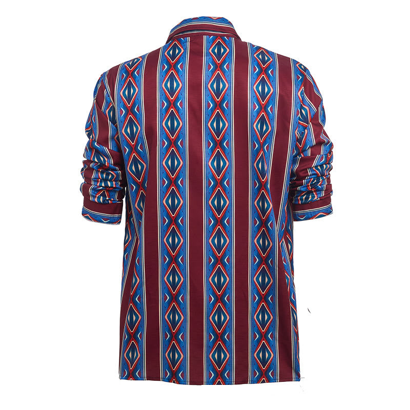 Men's Retro Cowboy Red Blue Stripe Long Sleeve Casual Shirt - image 9
