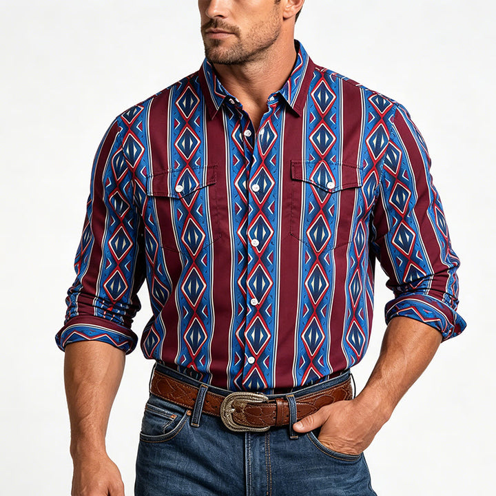 Men's Retro Cowboy Red Blue Stripe Long Sleeve Casual Shirt - image 1