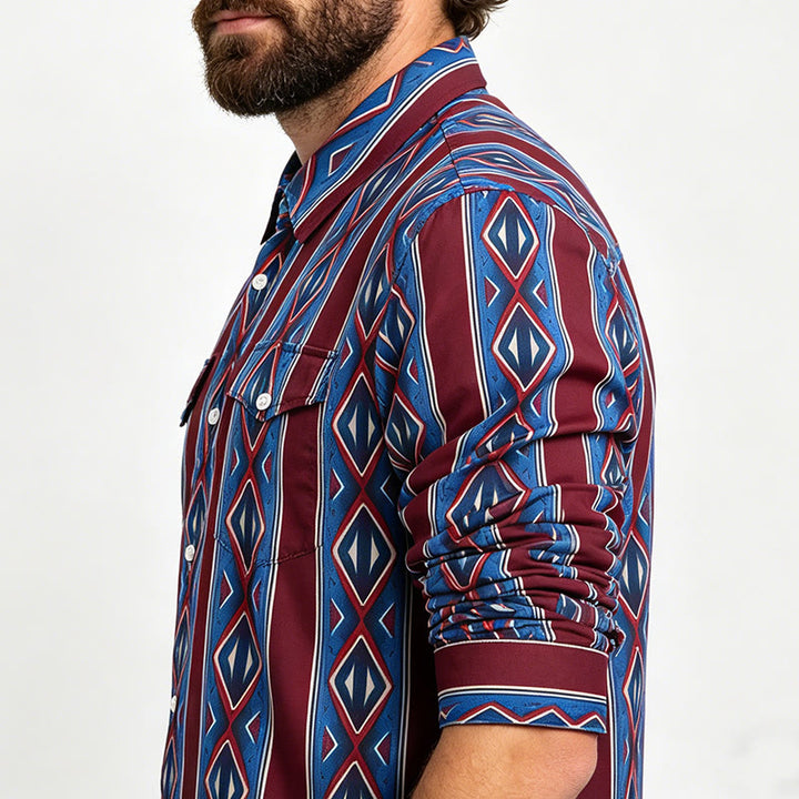 Men's Retro Cowboy Red Blue Stripe Long Sleeve Casual Shirt - image 3