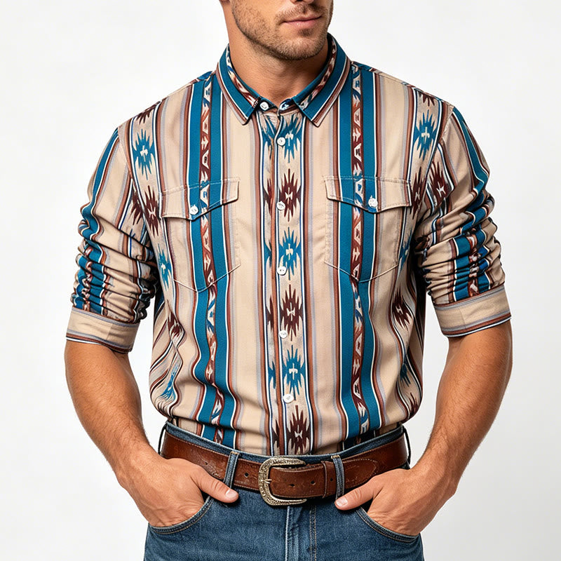 Men's Vintage Western Stripe Print Long Sleeve Casual Shirt - image 1