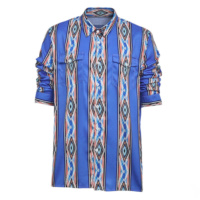 Men's Fashion Western Ethnic Blue Stripe Long Sleeve Button Down Shirt - image 9