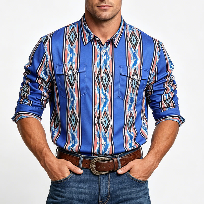 Men's Fashion Western Ethnic Blue Stripe Long Sleeve Button Down Shirt - image 1