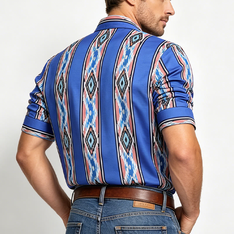 Men's Fashion Western Ethnic Blue Stripe Long Sleeve Button Down Shirt - image 2