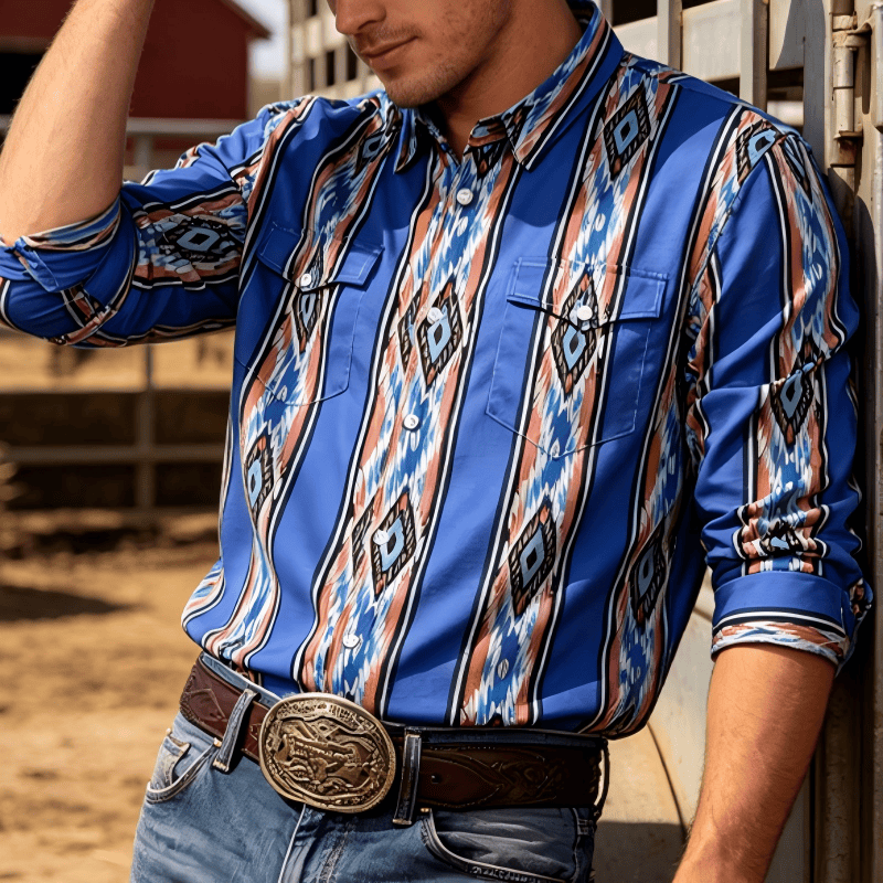 Men's Fashion Western Ethnic Blue Stripe Long Sleeve Button Down Shirt - Blue - 3XL - image 0