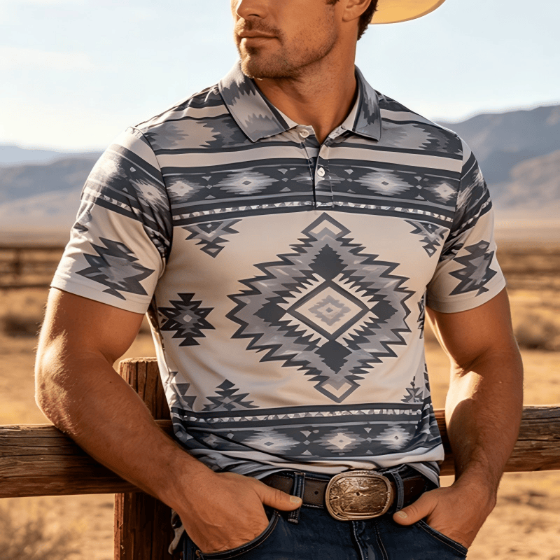Men's Geometric Print Short Sleeve Casual Polo Shirt - Light Gray - 5XL - image 5