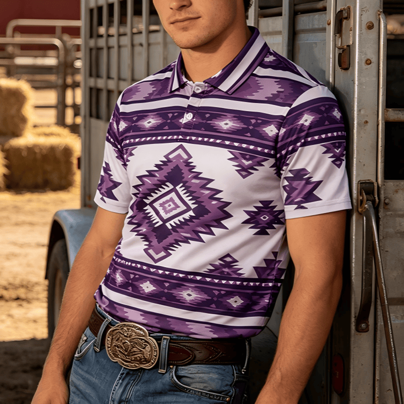 Men's Geometric Print Short Sleeve Casual Polo Shirt - Purple - 5XL - image 7
