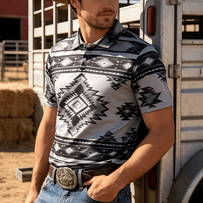 Men's Geometric Print Short Sleeve Casual Polo Shirt - Dark Grey - 5XL - image 8