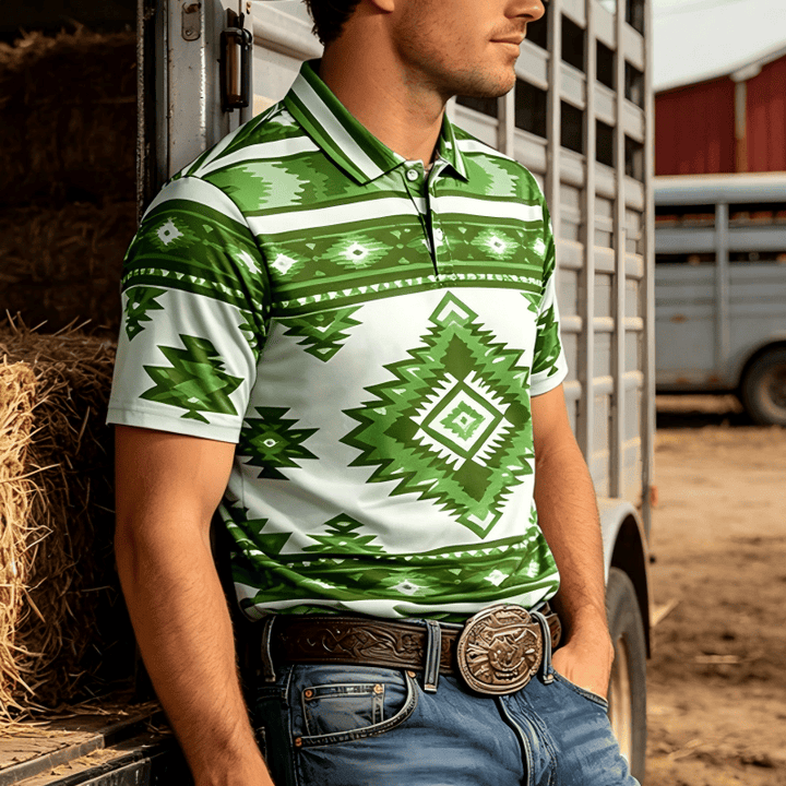 Men's Geometric Print Short Sleeve Casual Polo Shirt - Green - 5XL - image 9