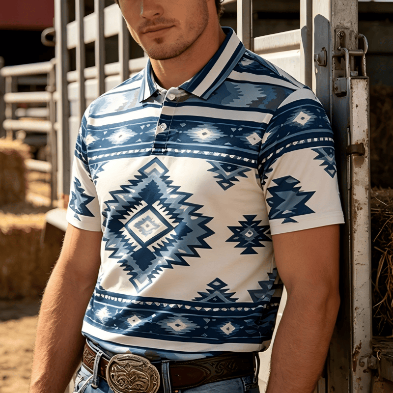 Men's Geometric Print Short Sleeve Casual Polo Shirt - Blue - 3XL - image 6