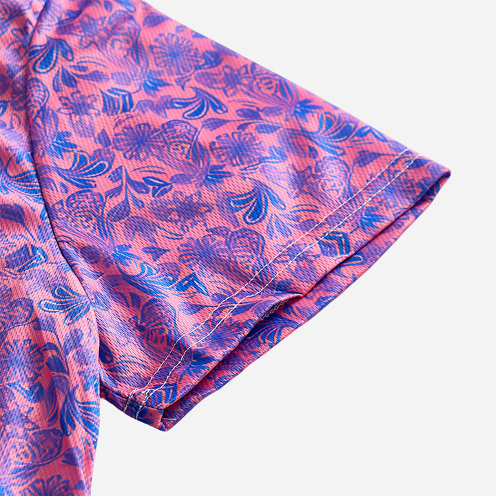 Men's Pink Blue Floral Print Short Sleeve Polo Shirt - image 6