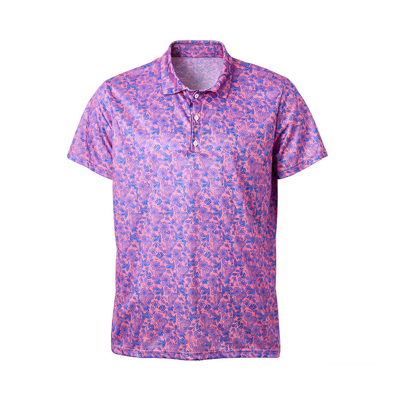 Men's Pink Blue Floral Print Short Sleeve Polo Shirt - image 9