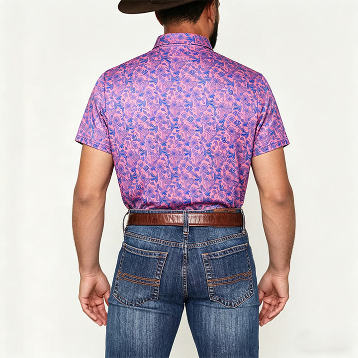 Men's Pink Blue Floral Print Short Sleeve Polo Shirt - image 2