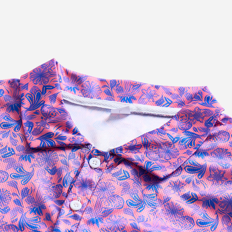 Men's Pink Blue Floral Print Short Sleeve Polo Shirt - image 8