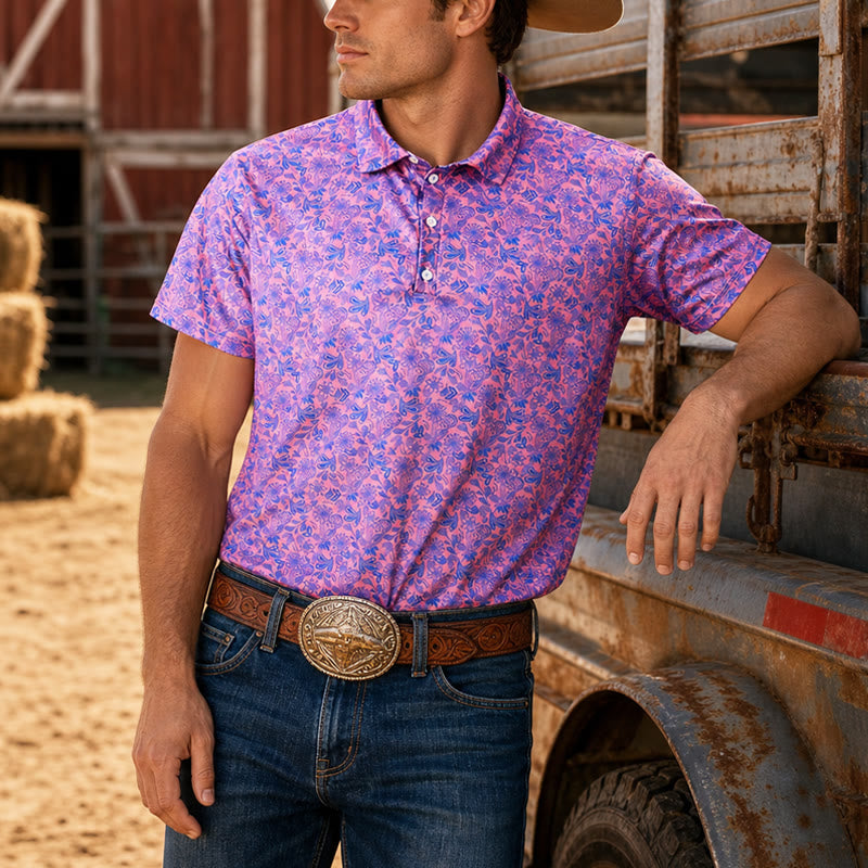 Men's Pink Blue Floral Print Short Sleeve Polo Shirt - Pink - 5XL - image 0