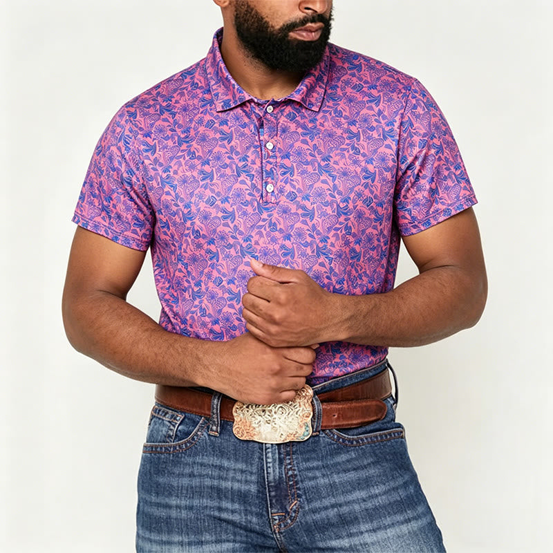 Men's Pink Blue Floral Print Short Sleeve Polo Shirt - image 1