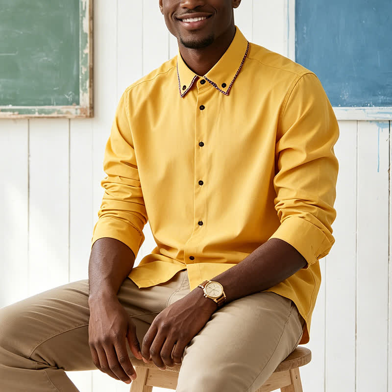 Refined Men's Gingham Contrast Double-Collar Dress Shirt - Yellow - 3XL - image 0